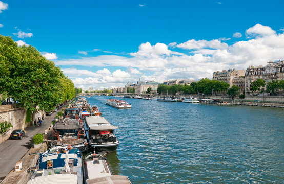 Ships on the river of the Seine, Paris, France