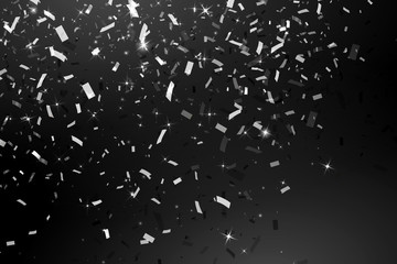 Falling Shiny Glitter silver Confetti isolated on black background. Christmas or Happy New Year Confetti. Vector Illustration