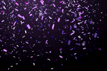 Falling Shiny Glitter purple Confetti isolated on black background. Christmas or Happy New Year Confetti. Vector Illustration