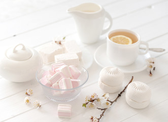 Pastel tea set with zefir and sweets