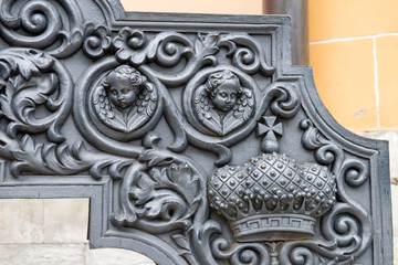 MOSCOW, RUSSIA - SEPTEMBER 7, 2016: Details to the carriages of the French guns from the collection of artillery of XVI-XIX centuries near the building of Arsenal, the Moscow Kremlin, Moscow.