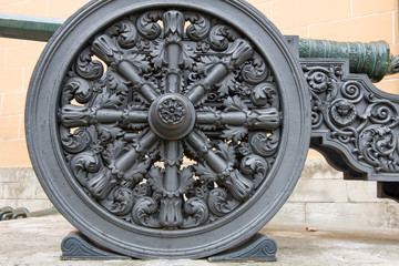MOSCOW, RUSSIA - SEPTEMBER 7, 2016: Details to the carriages of the French guns from the collection of artillery of XVI-XIX centuries near the building of Arsenal, the Moscow Kremlin, Moscow.