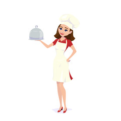 Vector illustration of cook chef girl carrying dinner plate meal