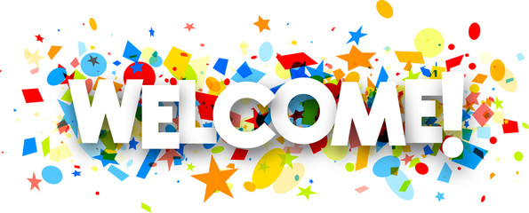 Welcome banner with colorful confetti.