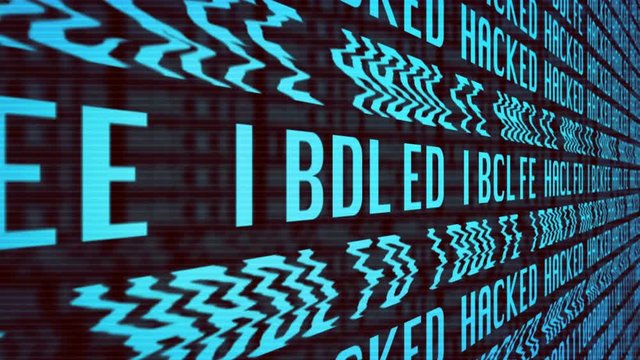 Animation Concept With a Screen Full of Binary Computer Data Glitching into the Word "Hacked" with a Red Coloured Warning