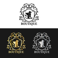 Vector monogram logo template. Luxury crown design. Graceful vintage griffin silhouettes illustration.