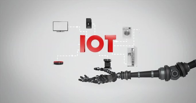 Robotic hand presenting digital iot symbol surrounded with home appliance icons