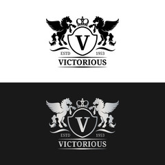 Vector monogram logo template. Luxury letter design. Graceful vintage character with pegasus symbols illustration.