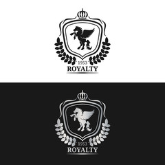 Obraz premium Vector monogram logo template. Luxury pegasus design. Graceful vintage animal. Used for hotel, restaurant, boutique etc.