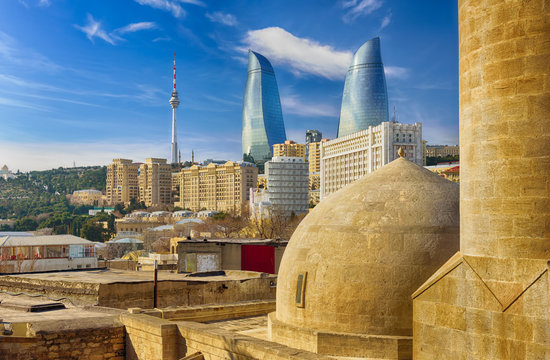 View from old town. Panoramic view of Baku - the capital of Azerbaijan located by the Caspian See shore.