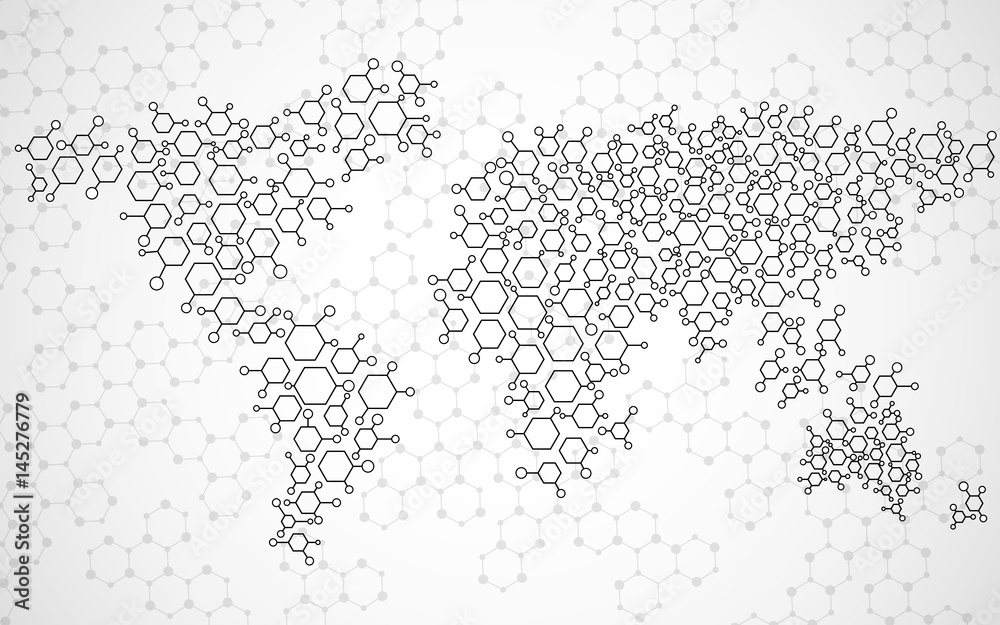 Wall mural abstract world map of hexagonal molecular structures. vector