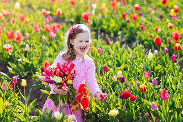 Little girl in tulip flower garden