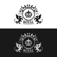 Vector monogram logo template. Luxury crown design. Graceful vintage dragons silhouettes.Used for hotel, restaurant etc.