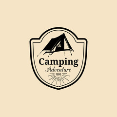 Vector camp logo. Tourist sign with hand drawn tent. Retro hipster emblem, badge, label of outdoor adventures.