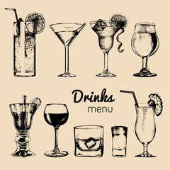 Cocktails, drinks and glasses for bar, restaurant, cafe menu. Hand drawn alcoholic beverages vector illustrations set.