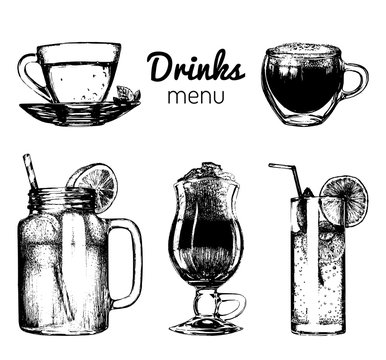 Soft drinks and glasses for bar,restaurant,cafe menu. Hand drawn beverages vector illustrations set,lemonade,coffee,tea.