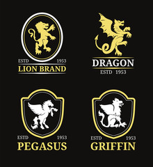 Vector crest monogram templates. Luxury pegasus,dragon, lion,griffin design. Graceful animals silhouettes illustrations.