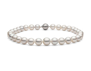 Round graduated luster pearl necklace with diamond white gold ball clasp - white south sea - top view on white background