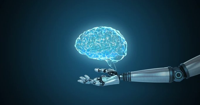 Robotic hand presenting digital human brain