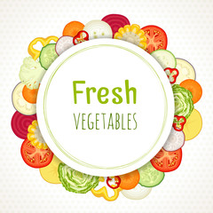 Round vegetable frame. Border made from slices of fresh vegetables. Vector illustration