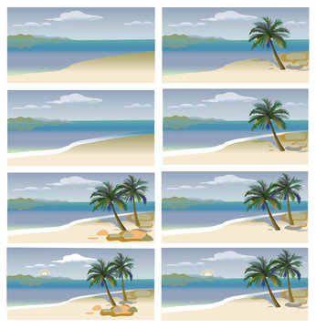 Flat vector set tropical island with sea and palm trees. A set of colored species with palm trees and sea