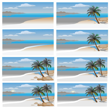 Flat vector set tropical island with sea and palm trees. A set of colored species with palm trees and sea