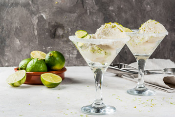 Homemade salted lemon lime ice cream sherbet. Margarita ice cream. With lime and zest, in glasses with salt decor and snack of lime slice.