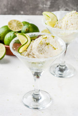 Homemade salted lemon lime ice cream sherbet. Margarita ice cream. With lime and zest, in glasses with salt decor and snack of lime slice.