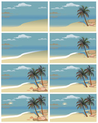 Flat vector set tropical island with sea and palm trees. A set of colored species with palm trees and sea