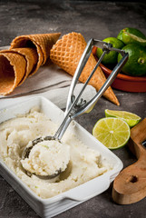 Homemade lemon ice cream. Refreshing lime sorbet in a bowl with a spoon for ice cream. With horns for ice cream, limes, grater for peel. On an old gray stone concrete table. Copy space
