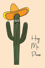 Print with funny saguaro cactus in vector. Postcard 