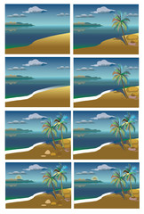 Fototapeta na wymiar Flat vector set tropical island with sea and palm trees. A set of colored species with palm trees and sea