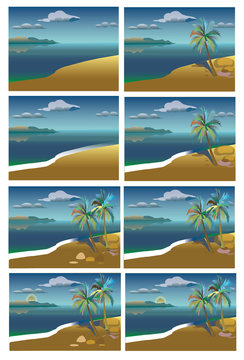 Flat vector set tropical island with sea and palm trees. A set of colored species with palm trees and sea