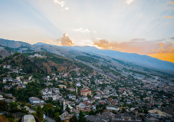 2016 Albania Gjirokastra Castle, old town, view to the city and moutains, aeroplane from second world war