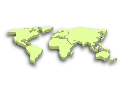 Green 3D map of world with dropped shadow on background. Worldwide theme wallpaper. Rendered three-dimensional EPS10 vector illustration.