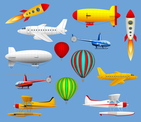 Naklejka premium Set of different types of air transport. Airplanes, helicopters, balloons and zeppelins.