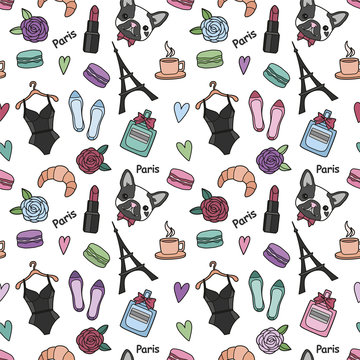 Cute fashion seamless pattern with patch badges: hearts, Eiffel tower, flower, macaroons, lingerie, lipstick, bulldog, perfume, shoes, croissant, cup of coffee. Vector trendy illustration.