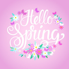 Hello Spring Season Text Banner Abstract Flowers Background Flat Vector Illustration