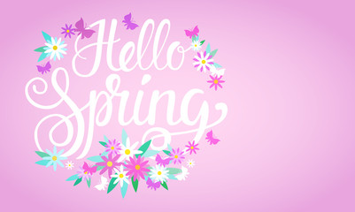 Hello Spring Season Text Banner Abstract Flowers Background Flat Vector Illustration