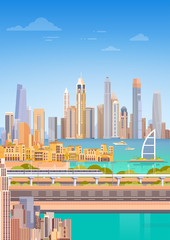 Fototapeta premium Subway Over City Skyscraper View Cityscape Background Skyline Flat Vector Illustration