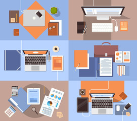 Workplace Desk Set Top Angle View Tablet Laptop Computer With Paper Documents Reports Finance Graph Flat Vector Illustration
