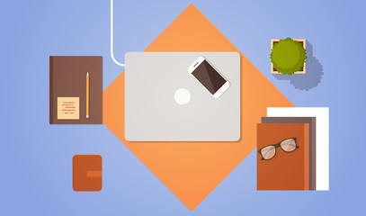 Workplace Desk Top Angle View Laptop Computer Flat Vector Illustration