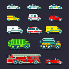 Town municipal special, emergency service cars and trucks icons collection. Vector city transport set in flat style.