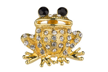 Vintage golden brooch shaped like a frog, with small diamonds and black eyes, isolated on white...