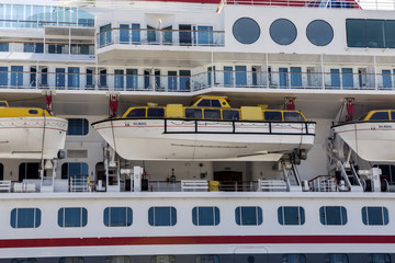 view of cruise line ship balcony stateroom and lifeboats, Cadiz, Andalusia, Spain