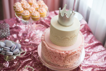 Delicious sweet buffet with cupcakes. Sweet holiday buffet with cupcakes and other desserts. Candy Bar.