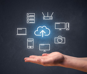 Hand holding technology related icons