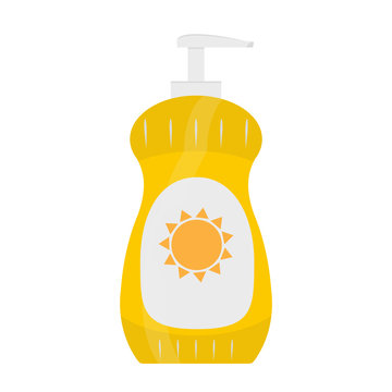 Bottle of sunscreen cream with lid and dispenser. Skin care and protection. Vector illustration