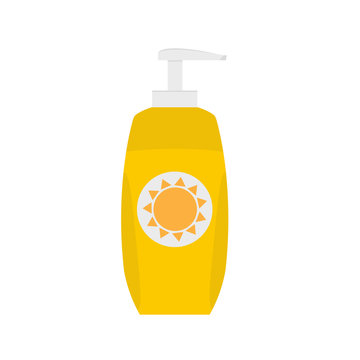 Bottle of sunscreen cream with lid and dispenser. Skin care and protection. Vector illustration