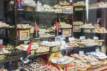 Showcase of pastry traditional during the week of the feast of Holy Week, sweets are typical of the region of Cadiz, Andalusia, Spain